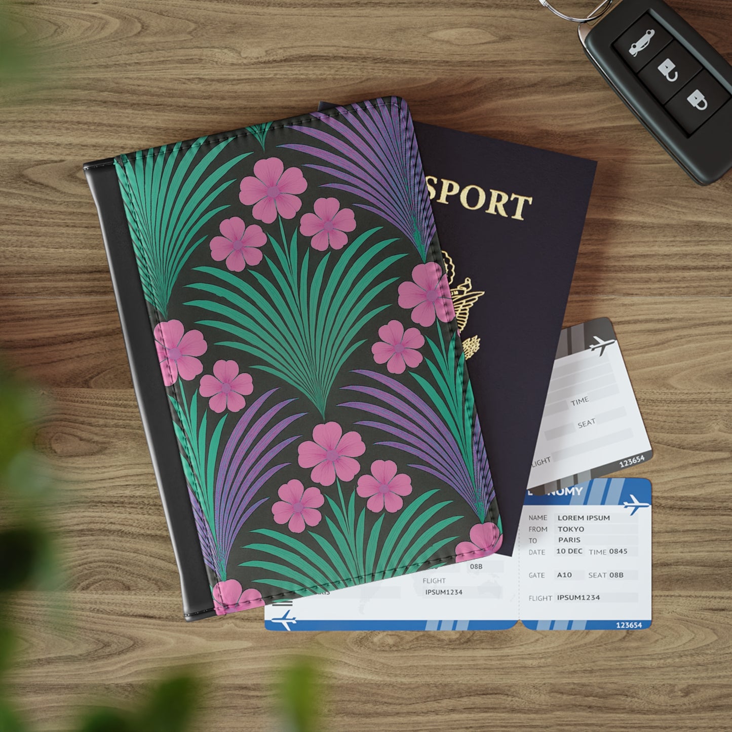 Tropical Passport Cover, Faux Leather - RFID blocking for travel security / Midnight Hibiscus Deco/Pink