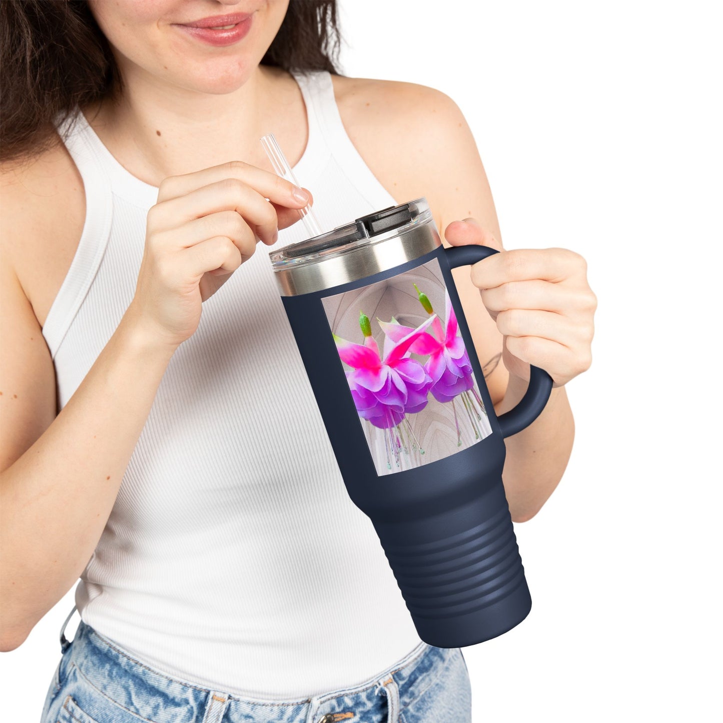 Insulated Travel Mug, 40oz / Floral Two Fuchsias, Gothic - Perfect for Outdoor Adventures