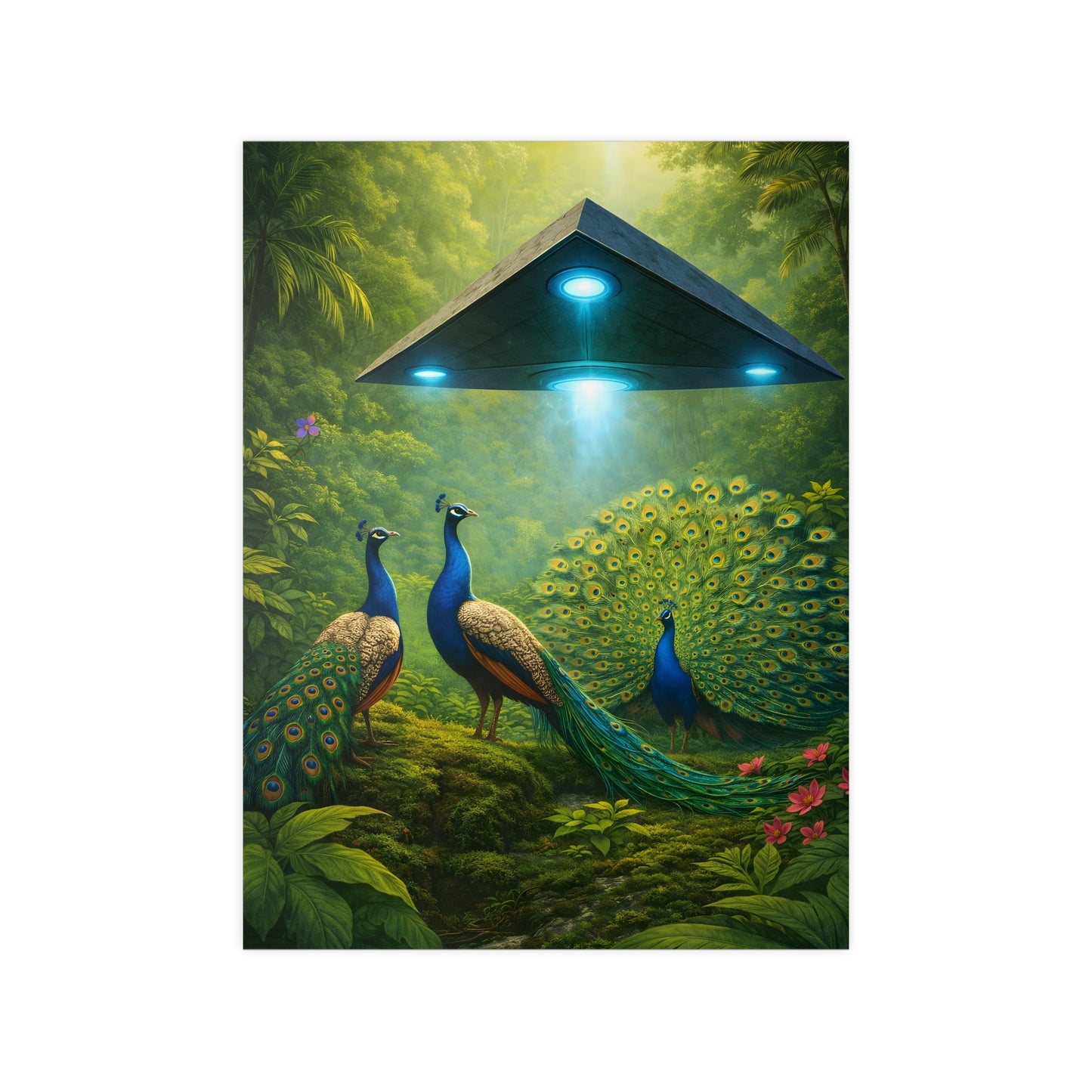 Photopaper Poster — UFO & Peacocks Sci‑Fi Wall Art