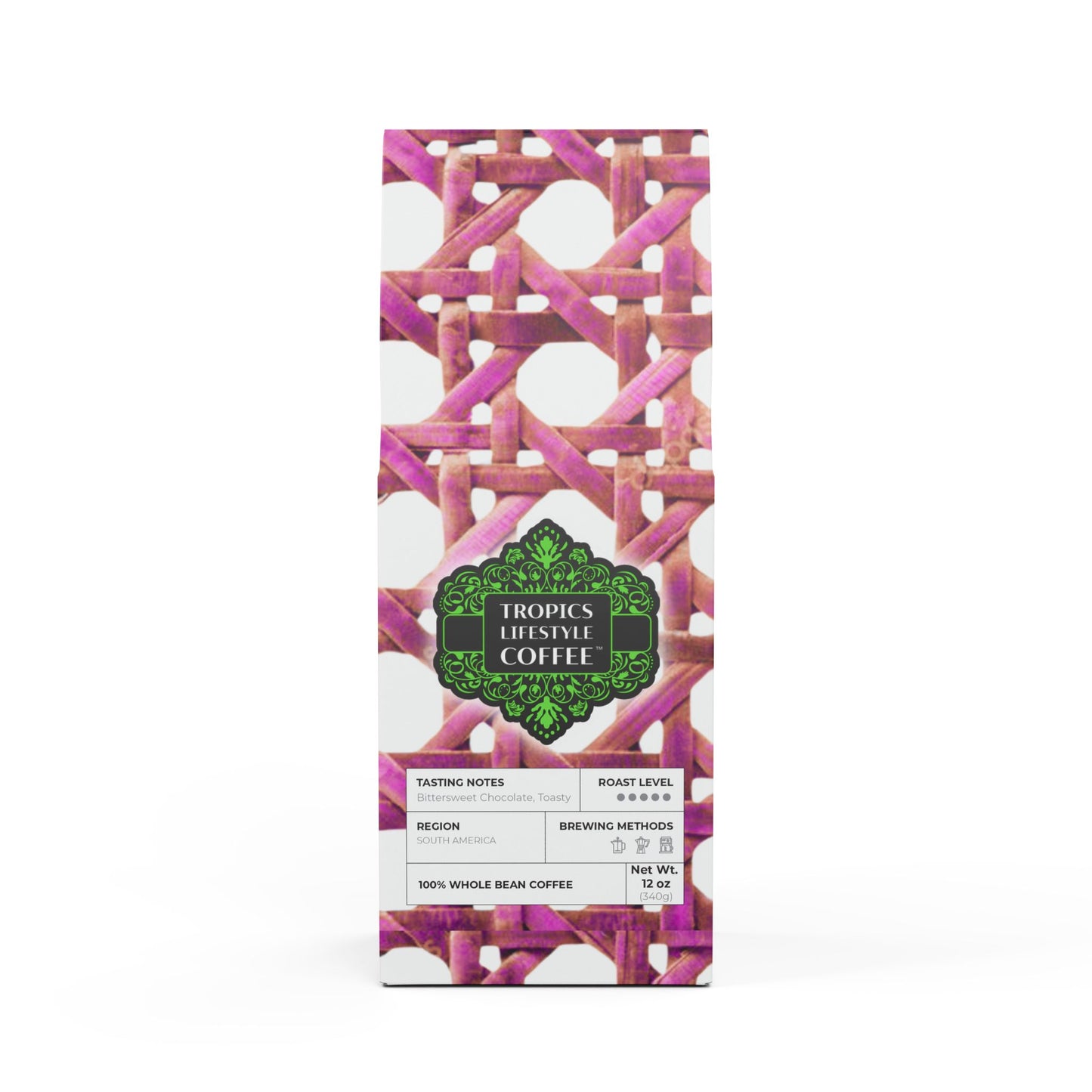 Black Coral Blend™ (Dark French Roast) Specialty Grade Craft Coffee / Chair Wicker, Hibiscus Pink