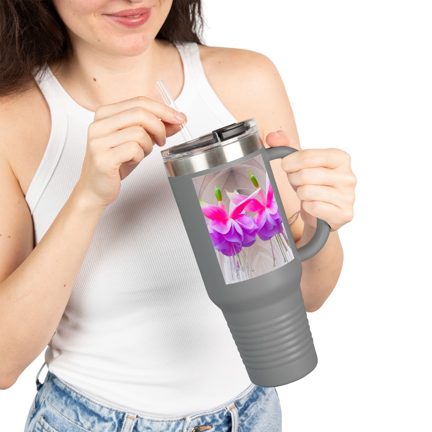 Insulated Travel Mug, 40oz / Floral Two Fuchsias, Gothic - Perfect for Outdoor Adventures