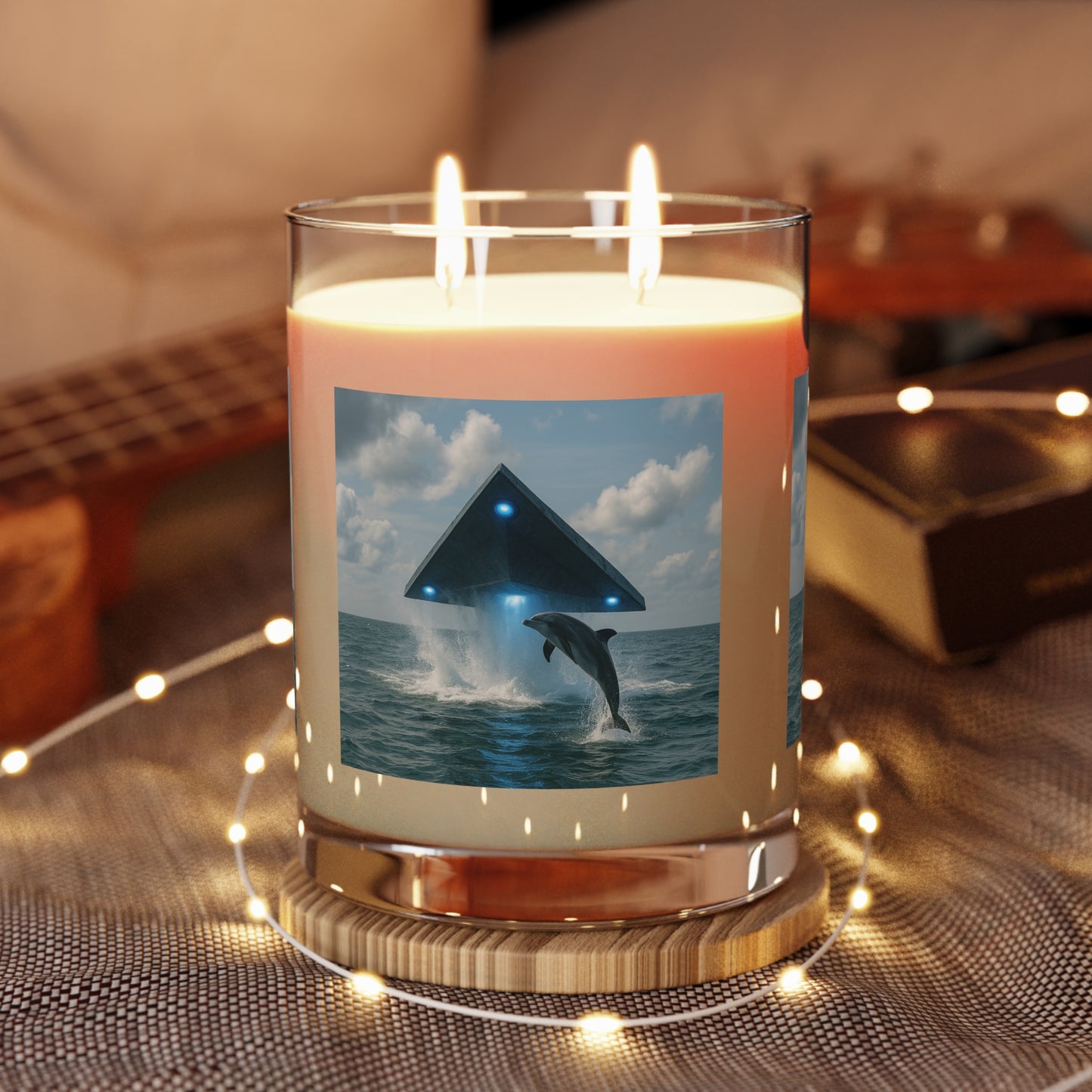 UFO and Dolphin Scented Candle - 11oz Full Glass, Mysterious Tropical Decor