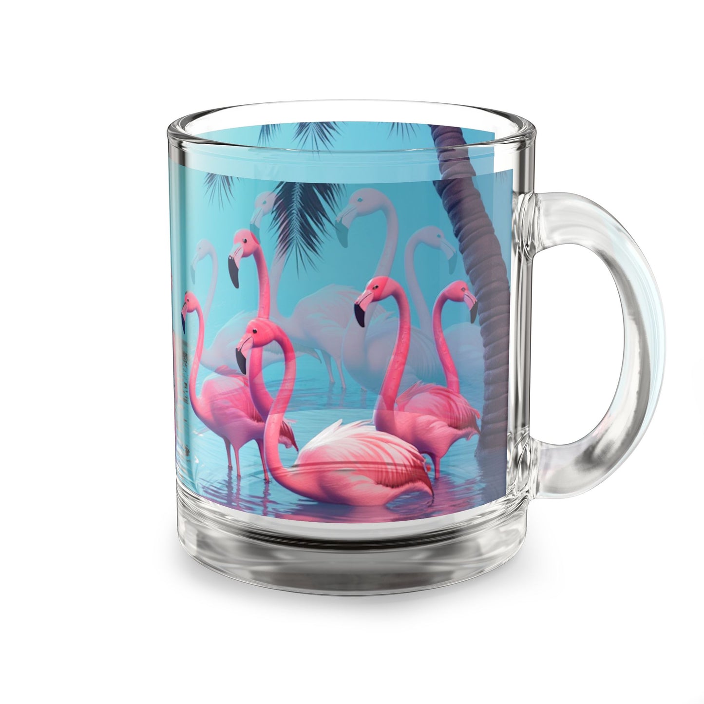 Tropical Glass Mug - 10oz Coffee Cup / Moonlit Mermaid and Flamingos