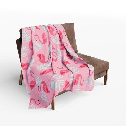 Flamingo Birds & White Palms Fleece Blanket - Colorful Tropical Design