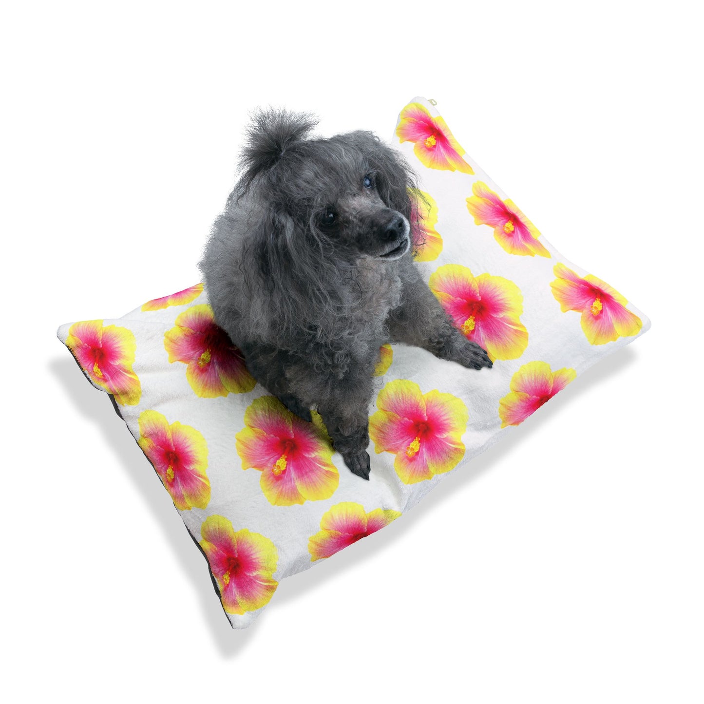Pet Bed - Cozy and Fun Dog or Cat Bed for Beach Lovers / Real Yellow & Pink Hibiscus