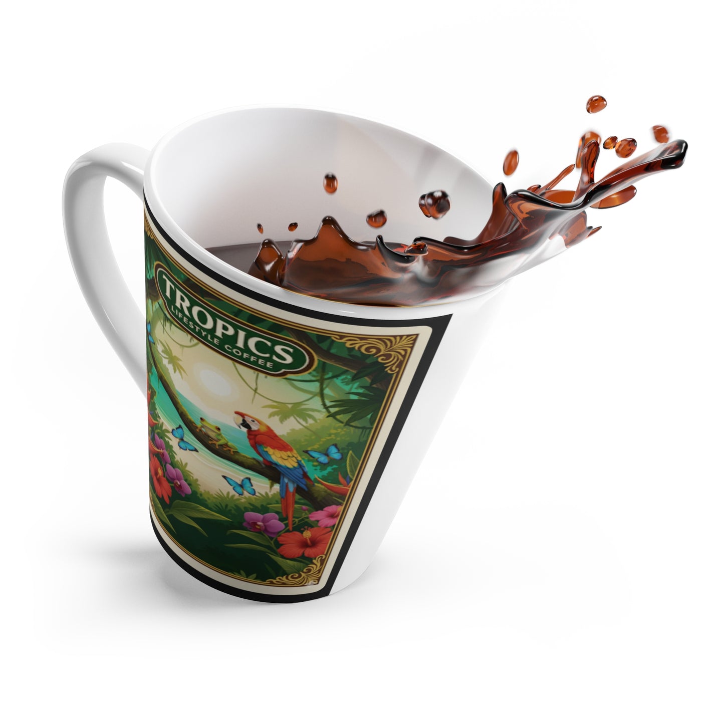Latte White Mug - Parrot Beach Poster / TLCoffee Logo