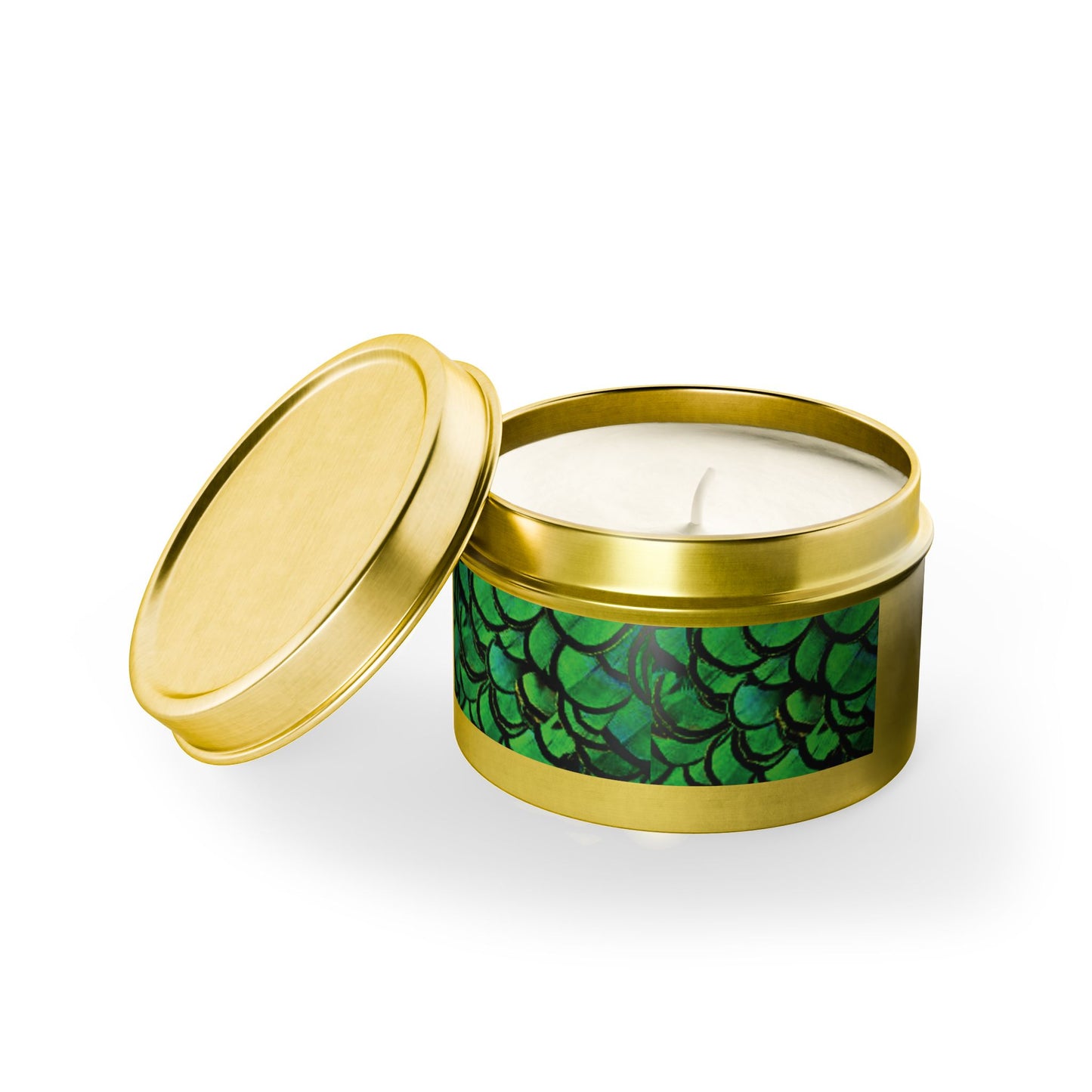 Tin Candles, 2 sizes, 3 tin colors - Green Peacock