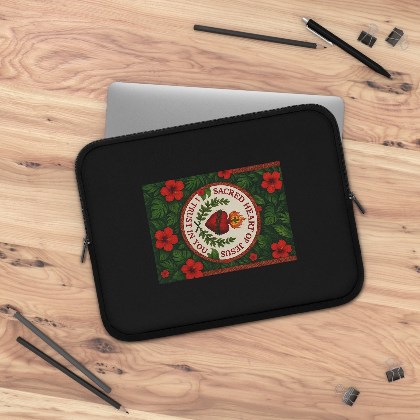 Religious Tropical Laptop Sleeve, 5 Sizes - Perfect for Ocean Lovers & Students / Sacred Heart of Jesus Prayer