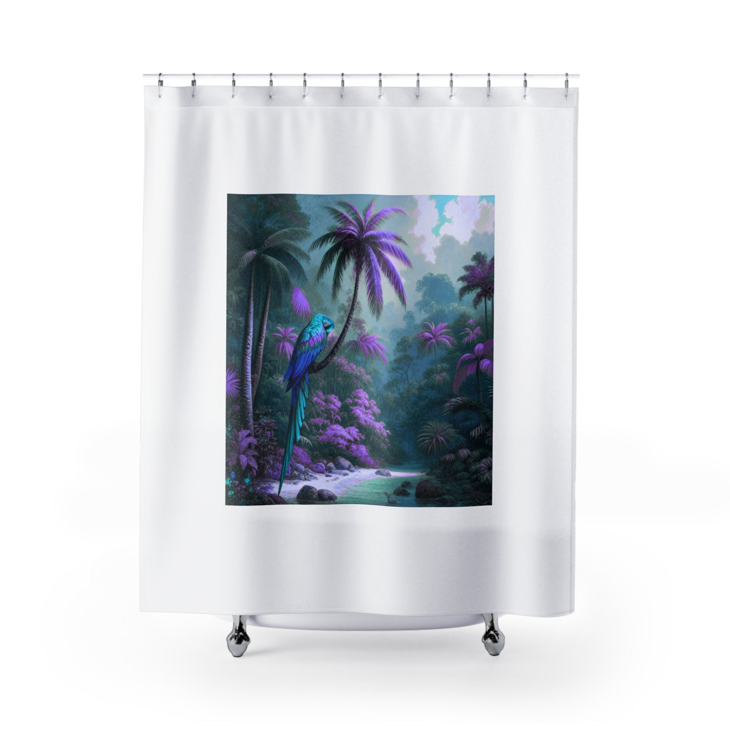 Tropical Shower Curtain - Rainforest Bathroom Decor / Sleeping Beauty Parrot Fantasy, White