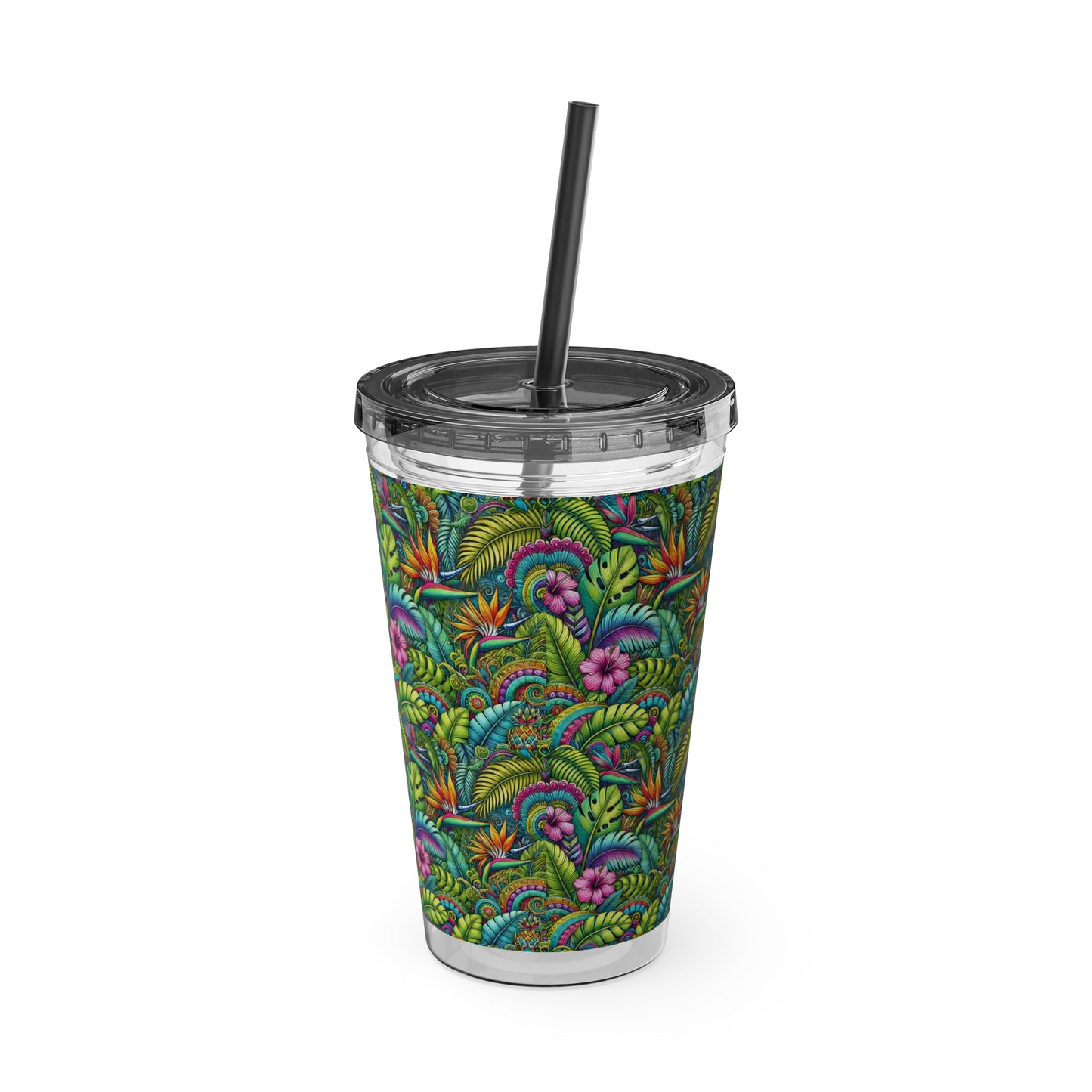 Tropical Tumbler with Straw | 16oz Colorful Travel Cup / Rainforest Blooms