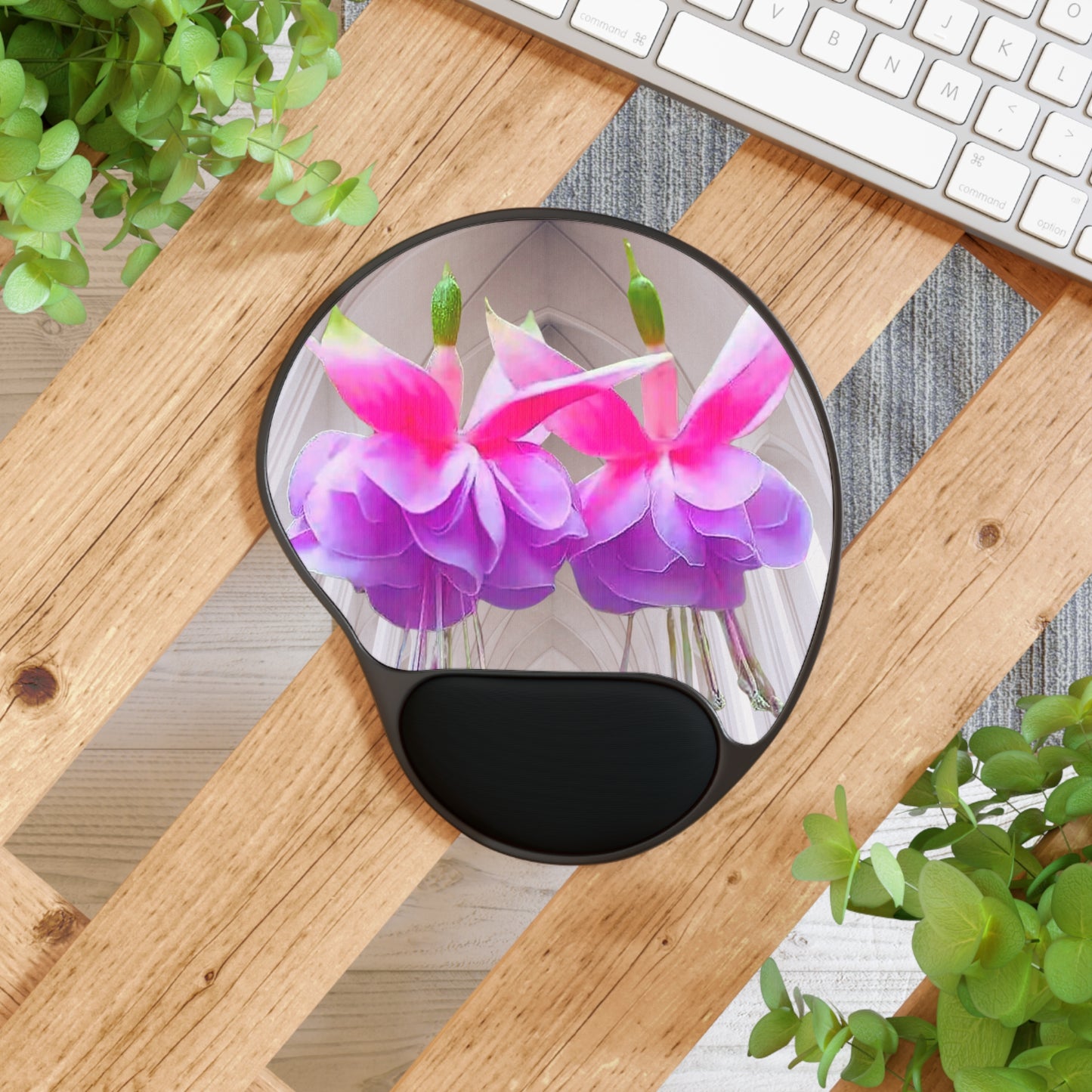 Mouse Pad With Wrist Rest, Two Pink Fuchsias / Gothic