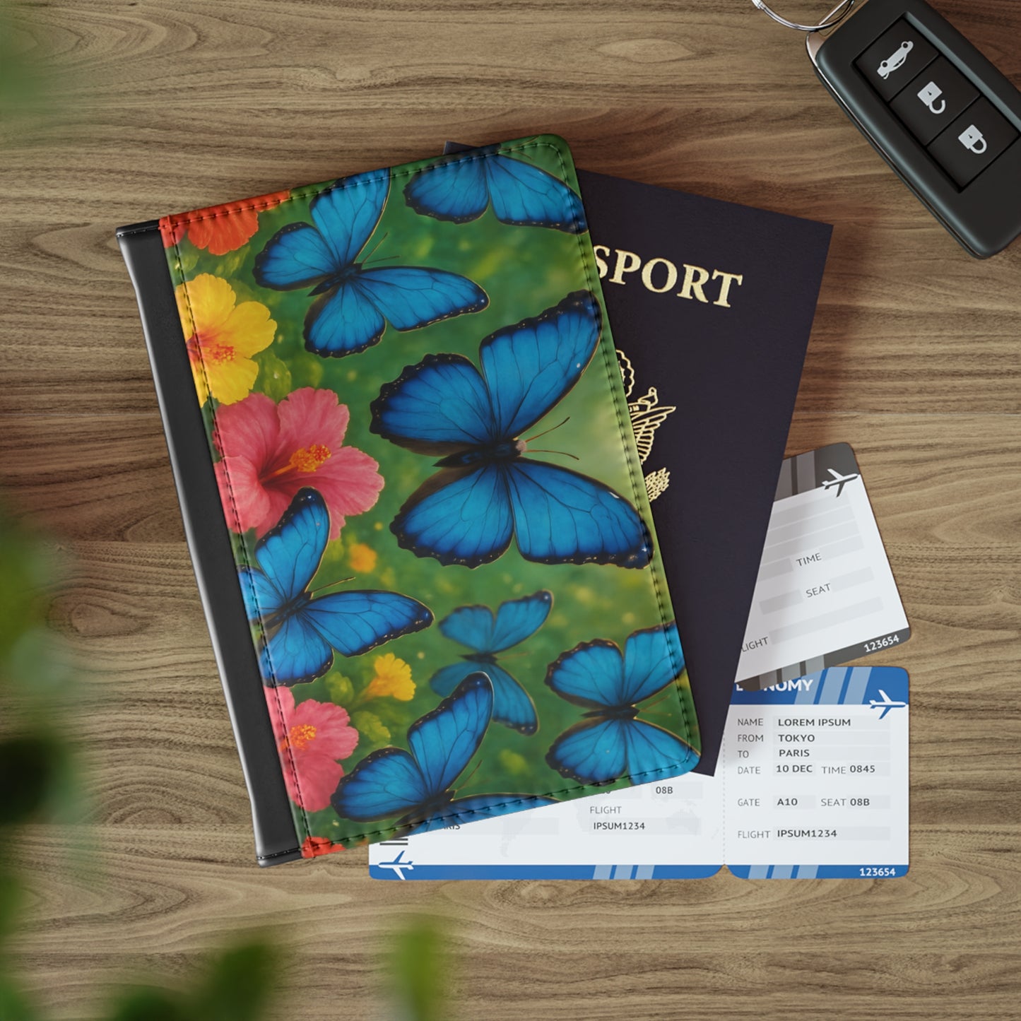 Tropical Passport Cover, Faux Leather - RFID blocking for travel security / Morpho Butterflies Flight