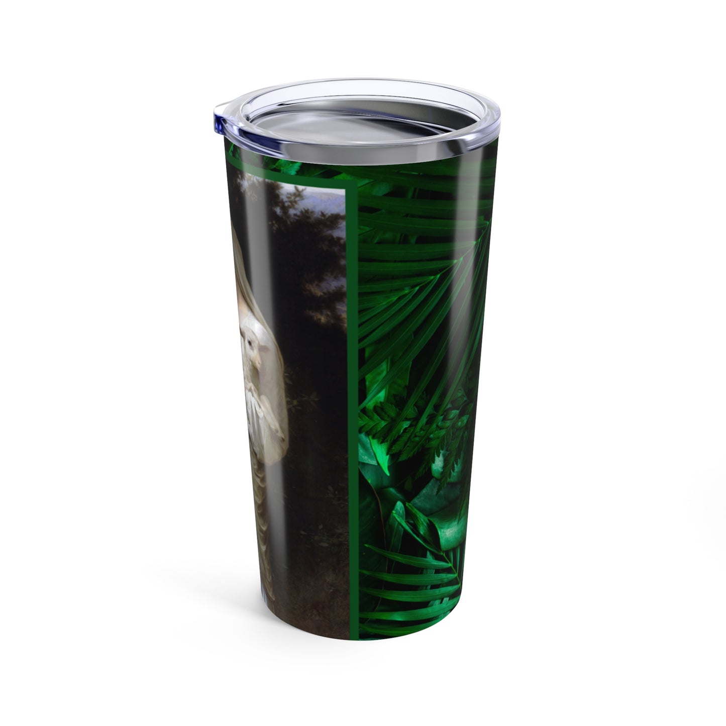 Religious Tumbler 20oz, Green, Tropical Rainforest Innocence, Jesus and Mary