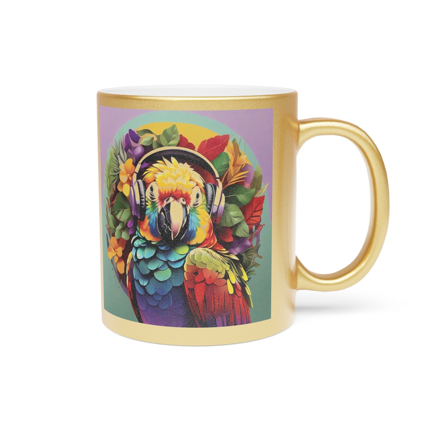 Tropical Metallic Mug, Gold or Silver: Rockin' Out Parrot