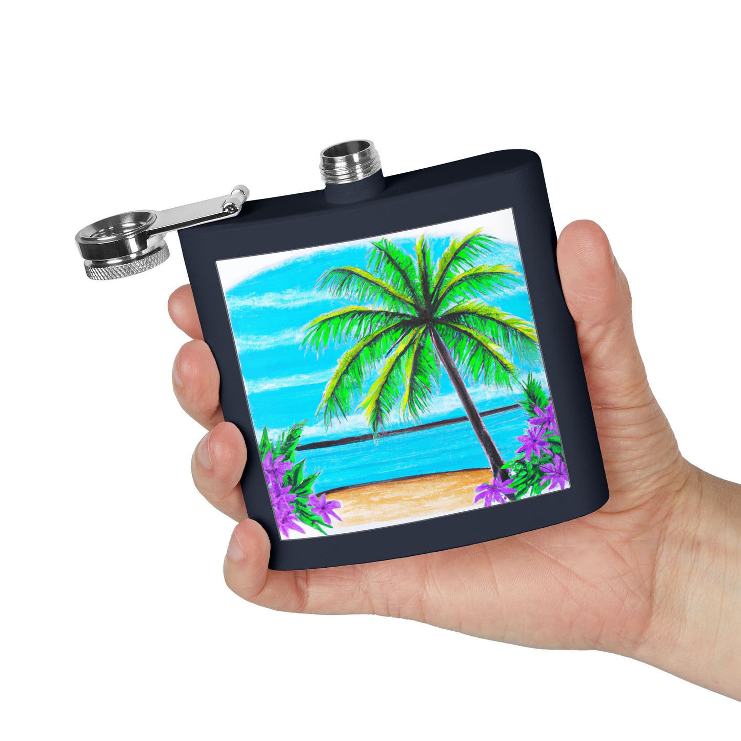 Tropical Stainless Steel Flask - 6oz Travel Drinkware for Beach Lovers / Calm Beach