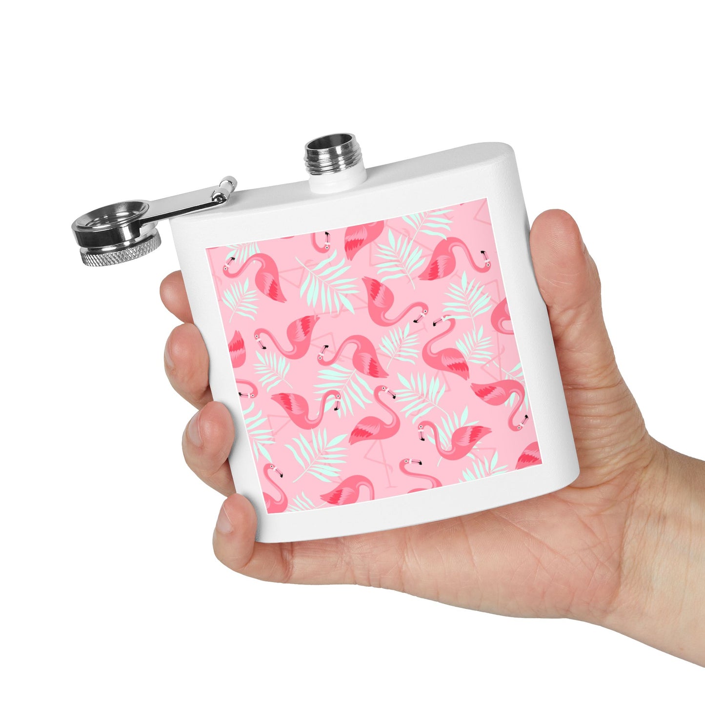 Tropical Stainless Steel 6 oz. Flask, Many Colors  – Flamingos and White Palms