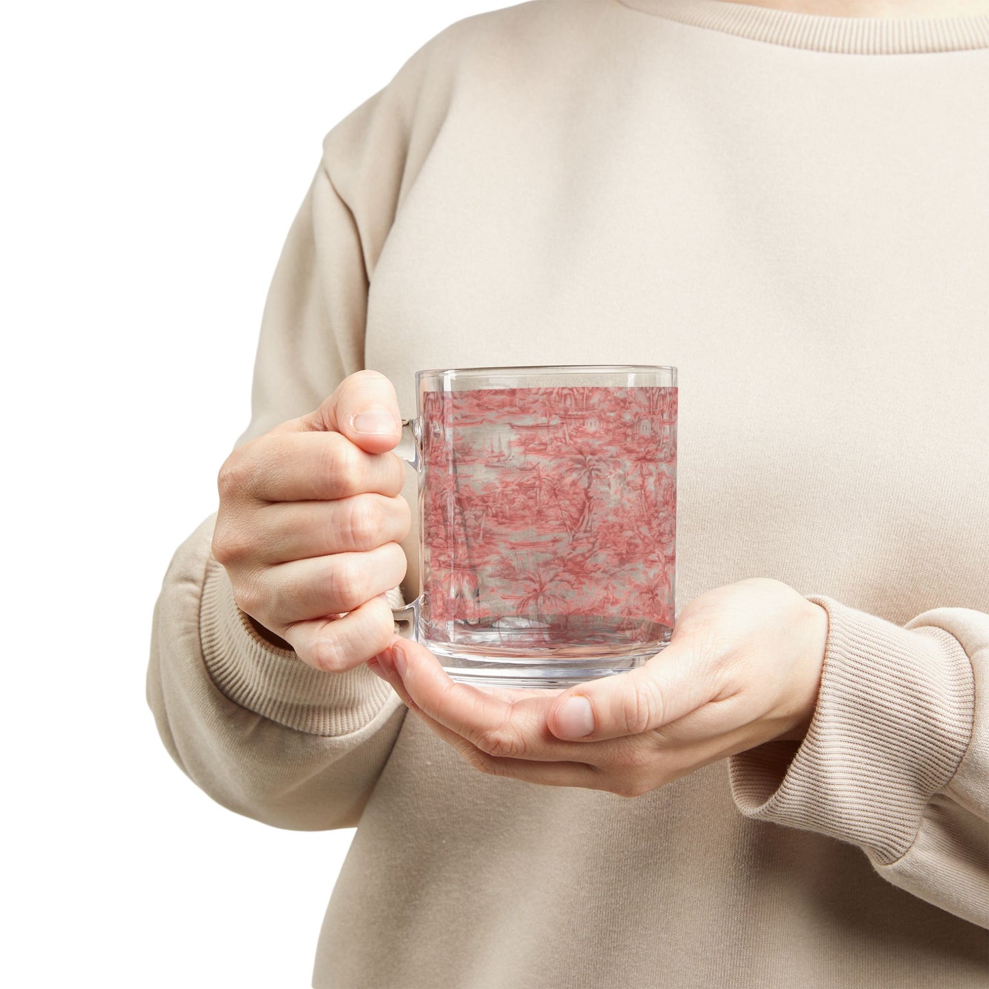 Tropical Glass Mug - 10oz Coffee Cup / Tropical Toile, Russet