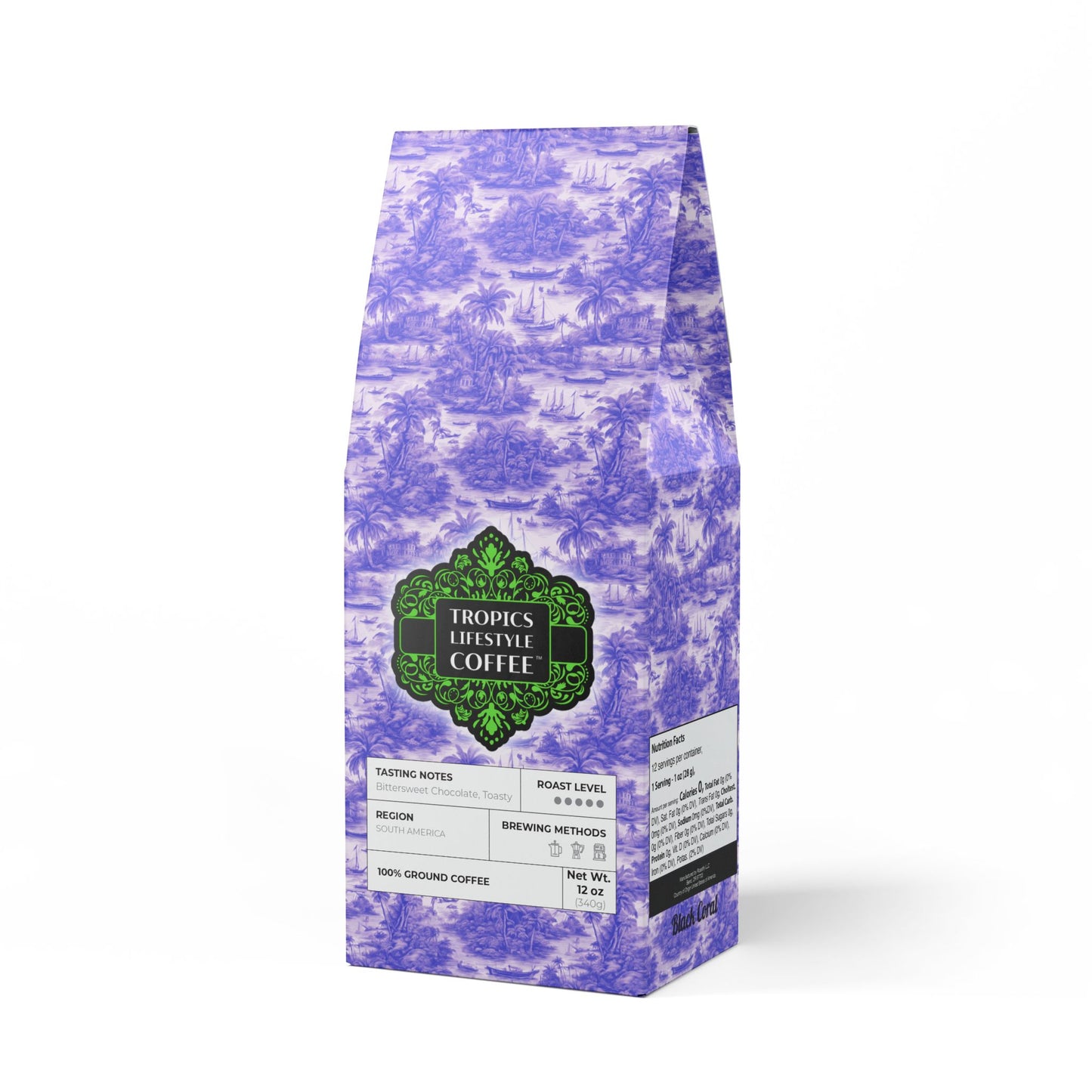 Black Coral Blend™ (Dark French Roast) Specialty Grade Craft Coffee / Tropical Toile, Purple