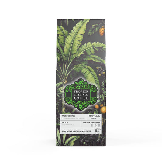 Rainforest Mist™ Single Origin DECAF (Medium Roast), Specialty Grade Craft Coffee / Palms and Tropical Fruit, Black