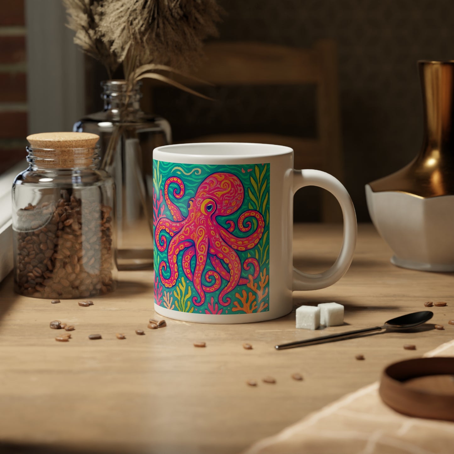 Jumbo Mug, 20oz, Octopus Kraken Joe, Red | Tropical Coffee Cup, Gift for Ocean Lovers