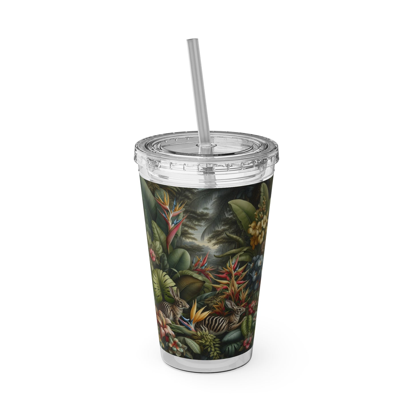 Tropical Tumbler with Straw | 16oz Colorful Travel Cup / Rainforest Rabbit Outing