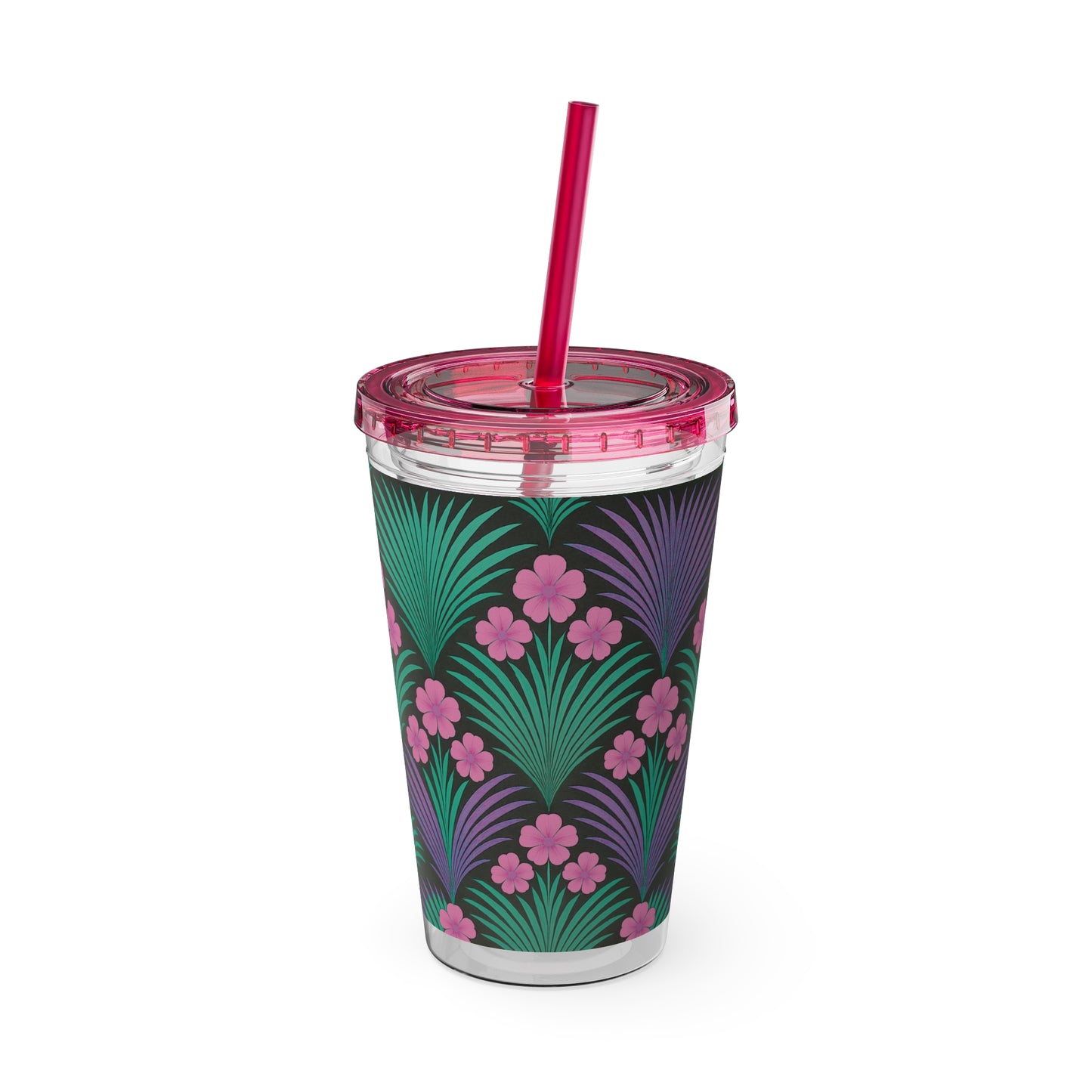 Tropical Tumbler with Straw | 16oz Colorful Travel Cup / Midnight Hibiscus Deco, Pink
