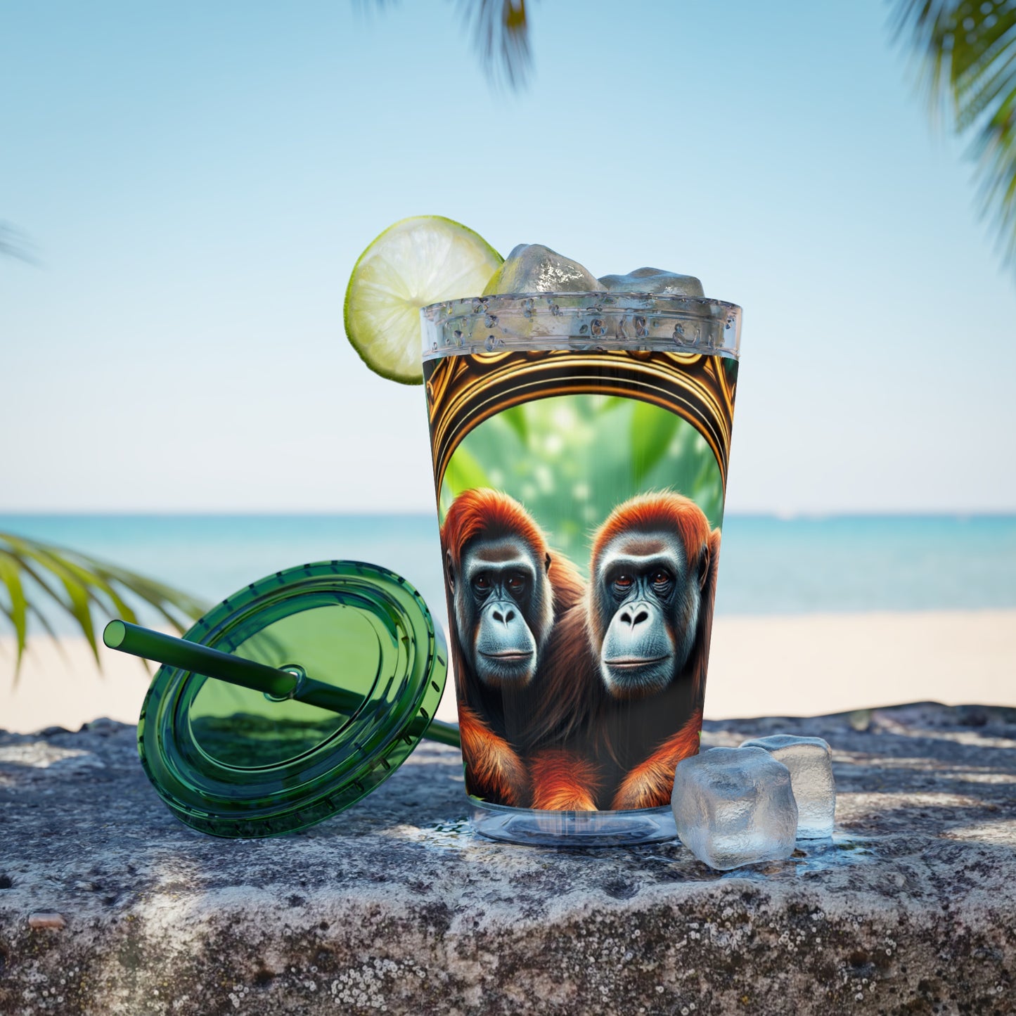 Tropical Tumbler with Straw | 16oz Colorful Travel Cup / Framed Orangutan Apes
