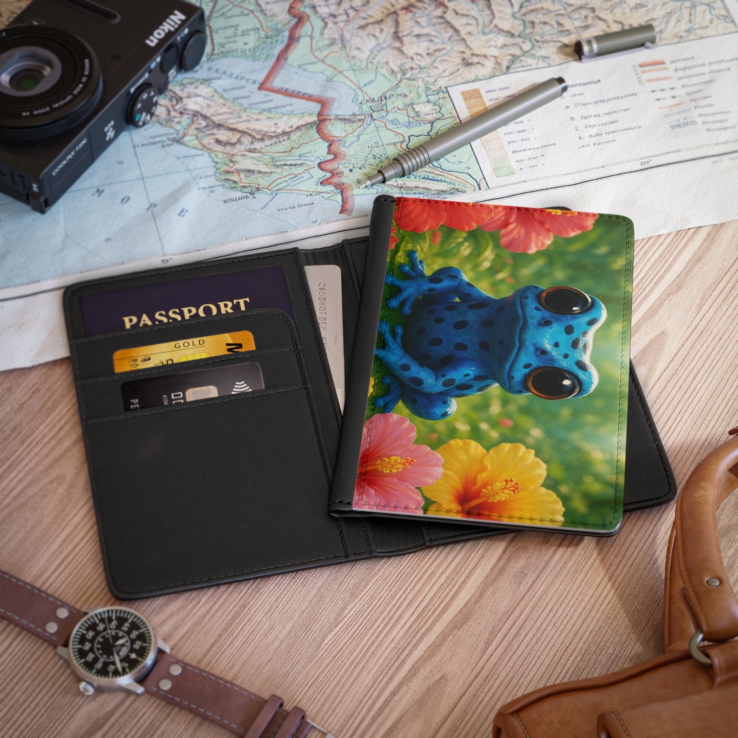 Tropical Passport Cover, Faux Leather - RFID blocking for travel security / Rainforest Blue Frog