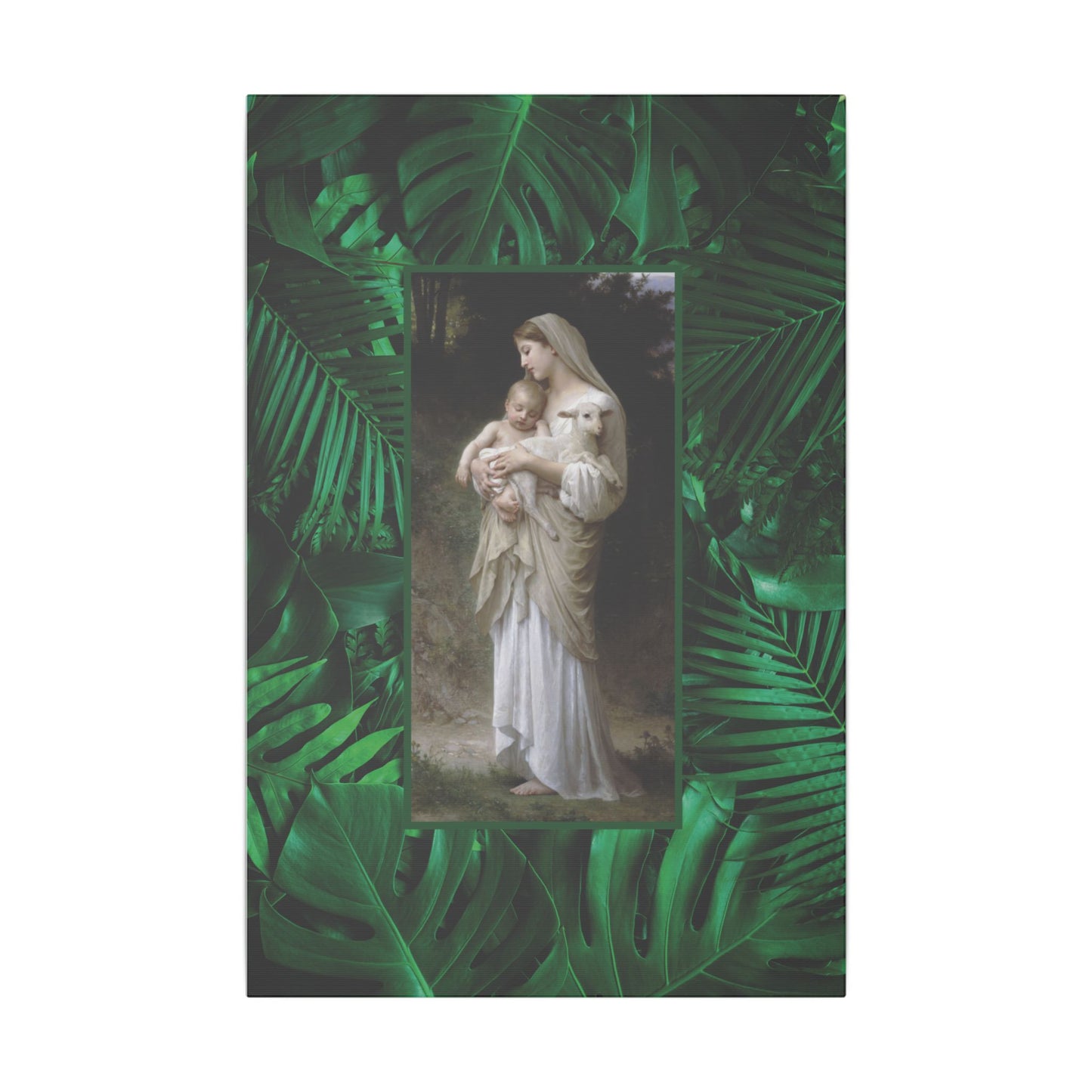 "Tropical Rainforest Innocence" Religious Canvas Artwork - Stretched Canvas Print / Virgin Mary & Jesus