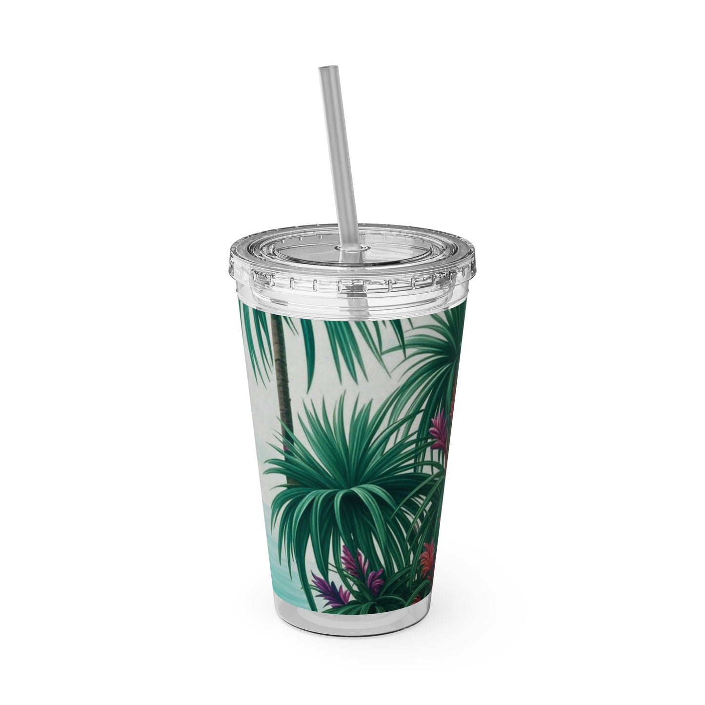 Tropical Tumbler with Straw | 16oz Colorful Travel Cup / Tiny Palm Island