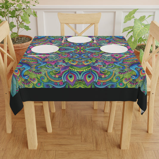 Peacock Prism/Black ~ Square Tablecloth, 55" x 55"