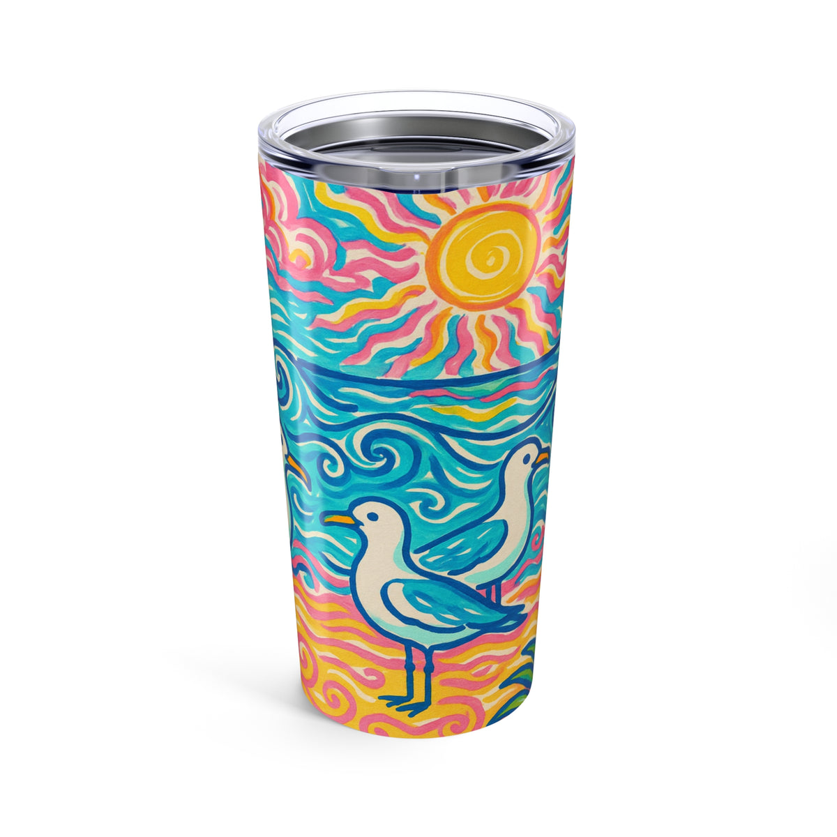 20oz Tropical Glossy Tumbler, Stainless Steel / Tropical Beach Seagulls