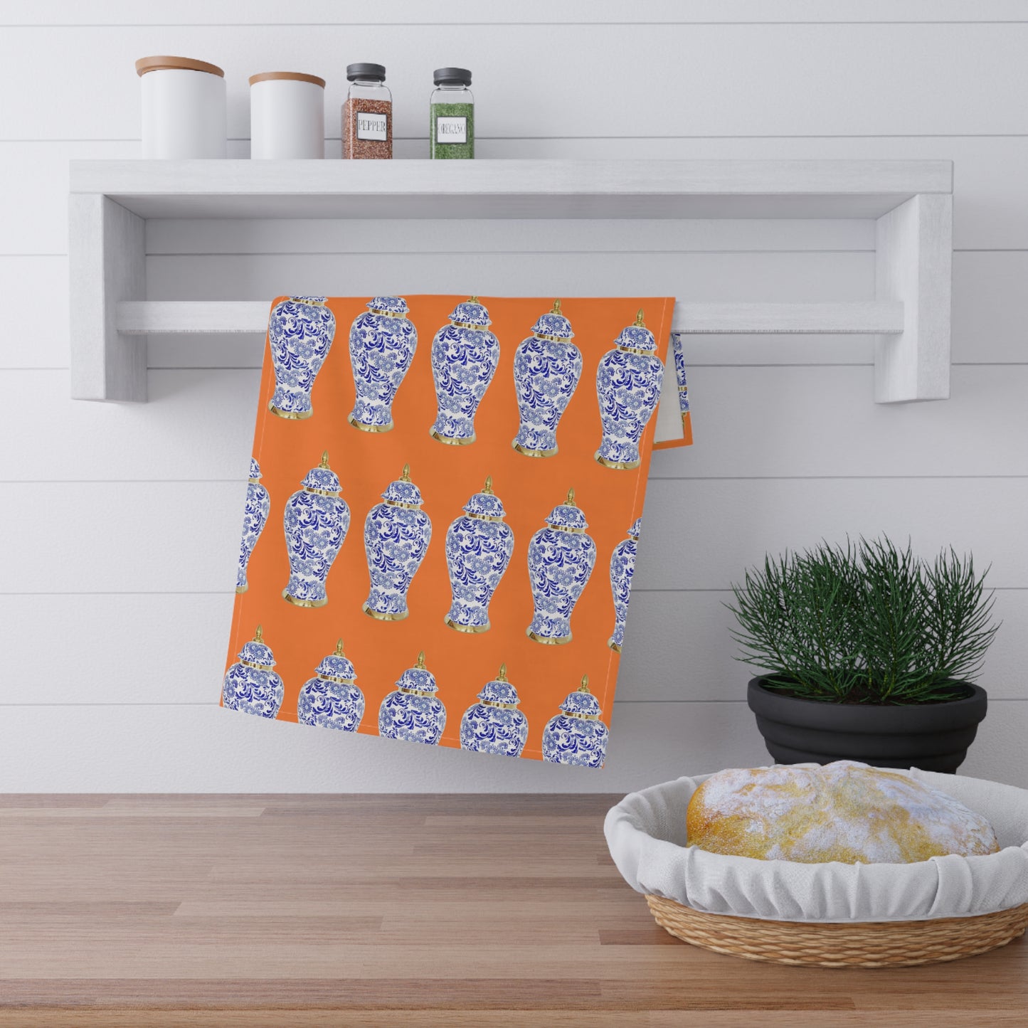 TeaTowels (cotton, poly), Blue and Gold Ginger Jar repeat medium orange