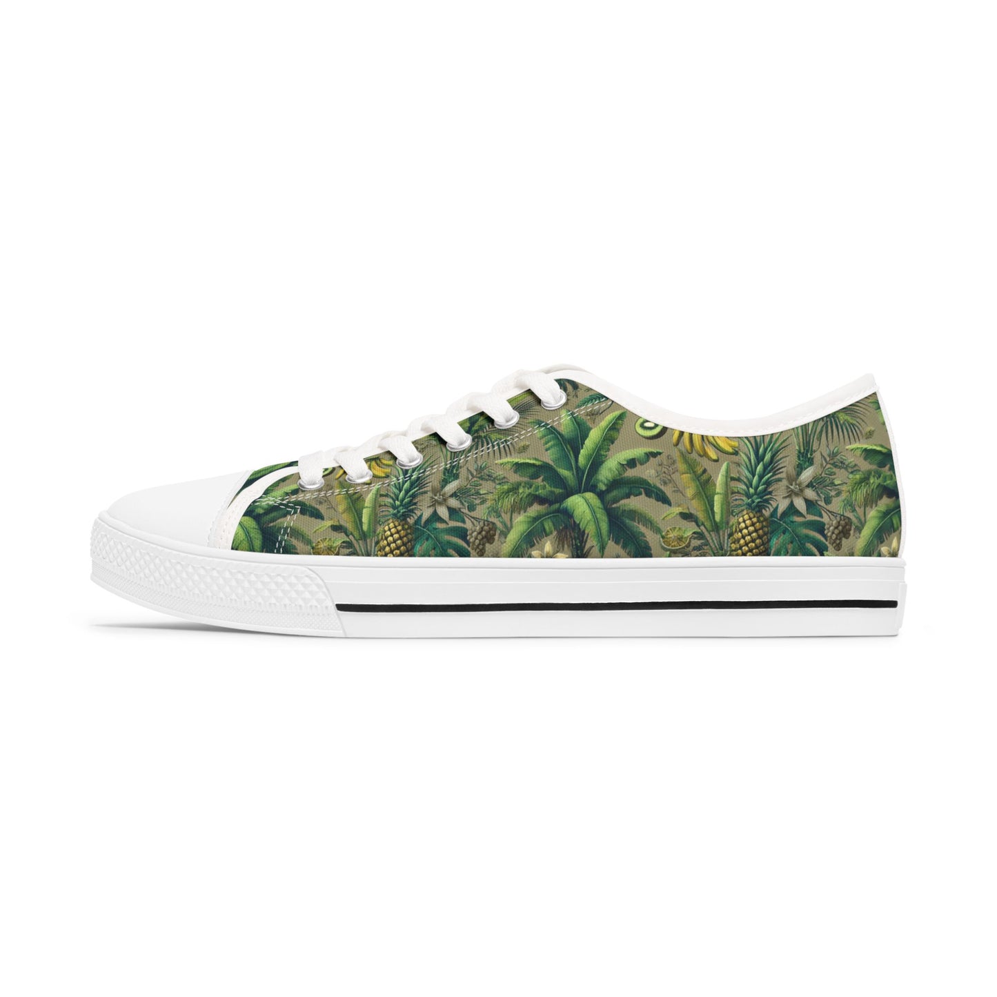 Stylish Women's Low Top Sneakers - Trendy Tropical Casual Footwear for Everyday Wear / Palms and Tropical Fruit/Taupe