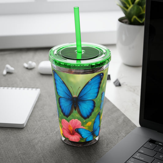 Tropical Tumbler with Straw | 16oz Colorful Travel Cup / Morpho Butterflies Flight