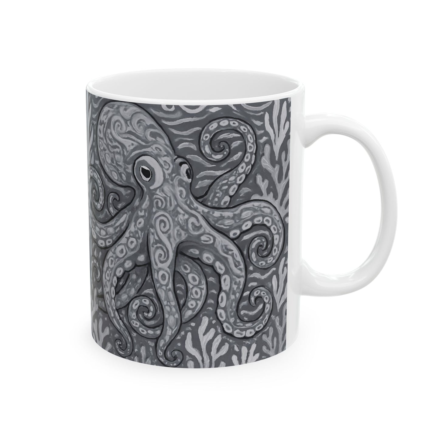 Ceramic White Mug - 11oz & 15oz, Noir Octopus Kraken Joe
