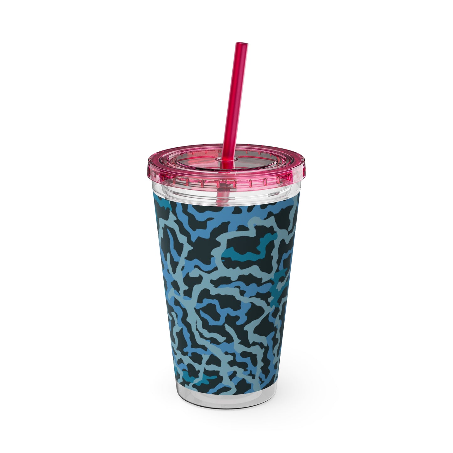 Tropical Tumbler with Straw | 16oz Colorful Travel Cup / Coral Threads, Blue