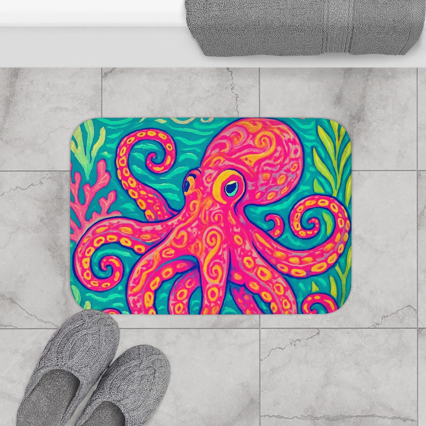 Red Kraken Joe Bath Mat, 2 Sizes - Tropical Vibes for Home Decor