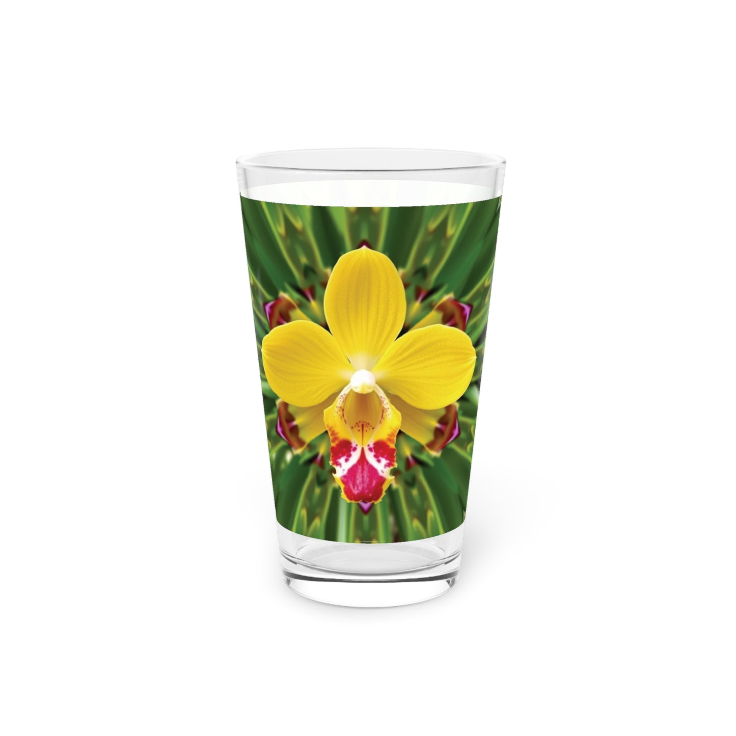 Pint Glass, 16oz - Yellow Orchid Kaleidoscope