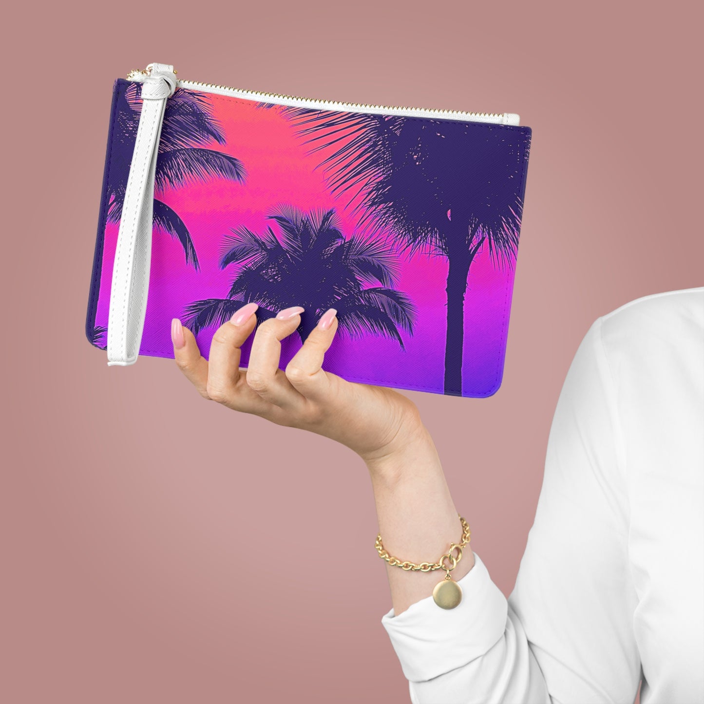 Tropical Faux Leather Clutch Bag - Perfect for Beach Adventures & Summer Vacations / Palm Glow Pop
