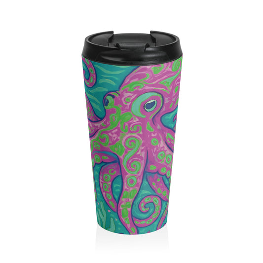 15 oz. Stainless Steel Travel Mug / Kraken Joe Octopus, Neon