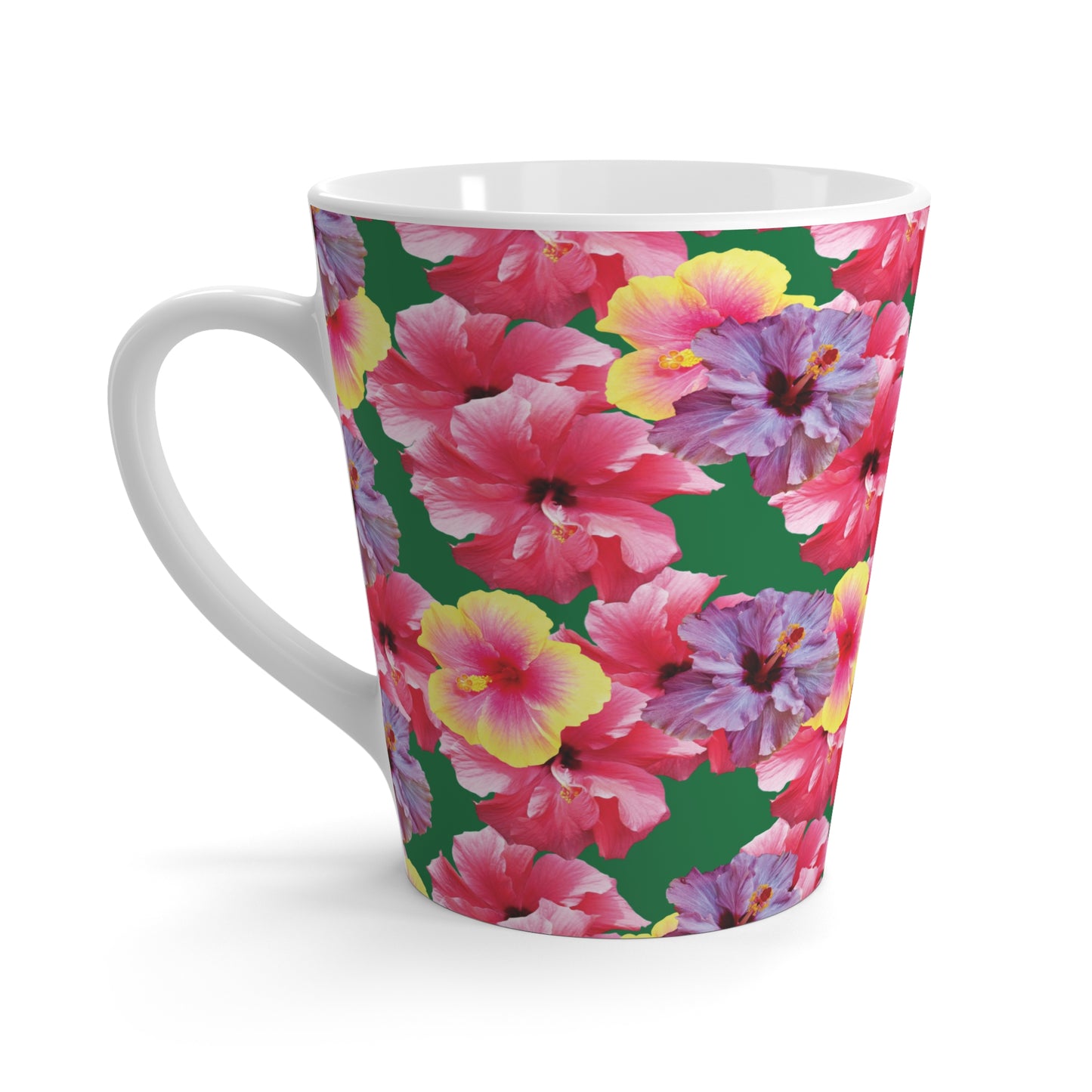 Latte White Mug - Real Hisbiscus Flowers Trio/Dark Green