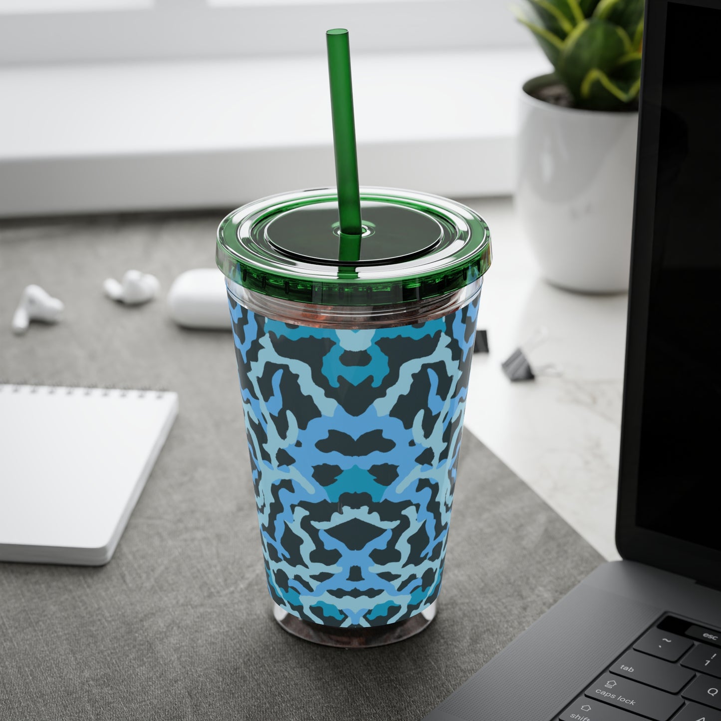Tropical Tumbler with Straw | 16oz Colorful Travel Cup / Coral Threads, Blue