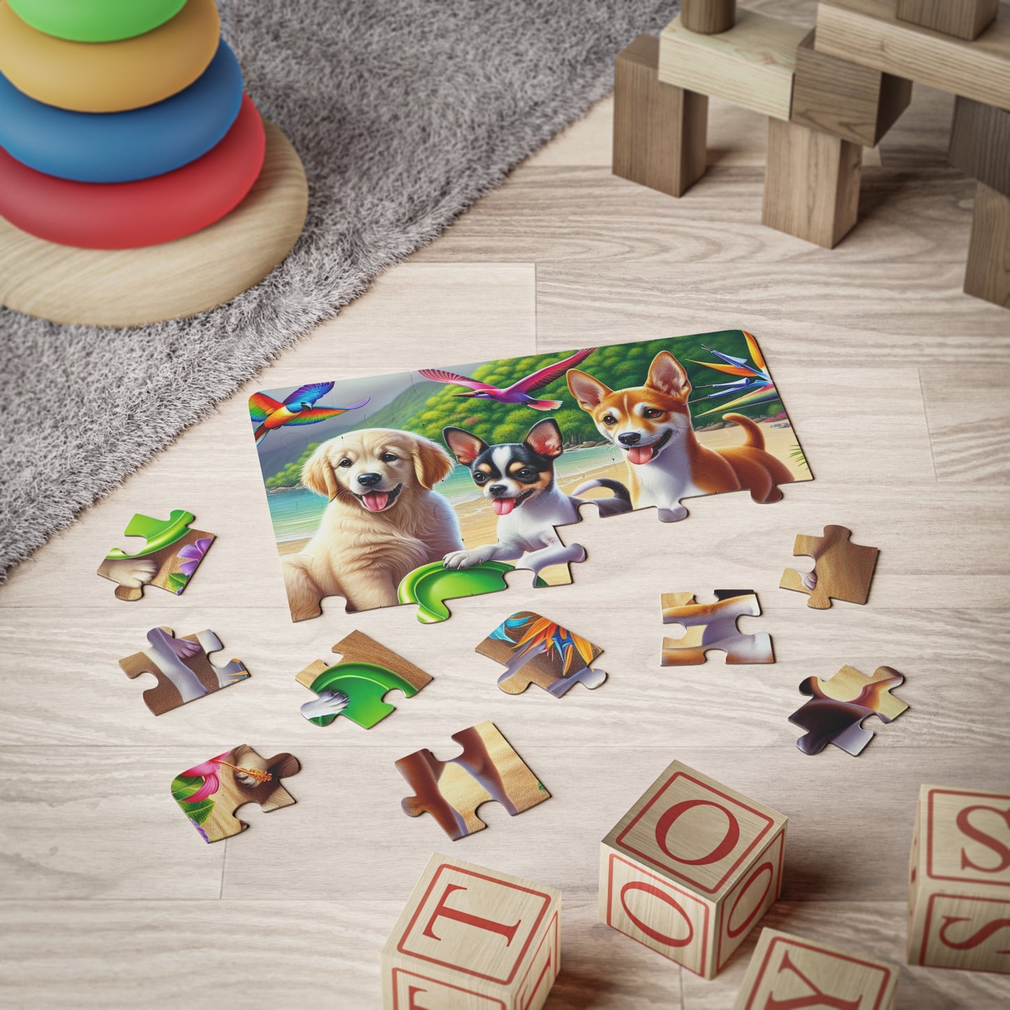 Tropical Kids' Puzzle - 30-Piece Puzzle for Fun and Learning / Three Puppy Friends on Beach