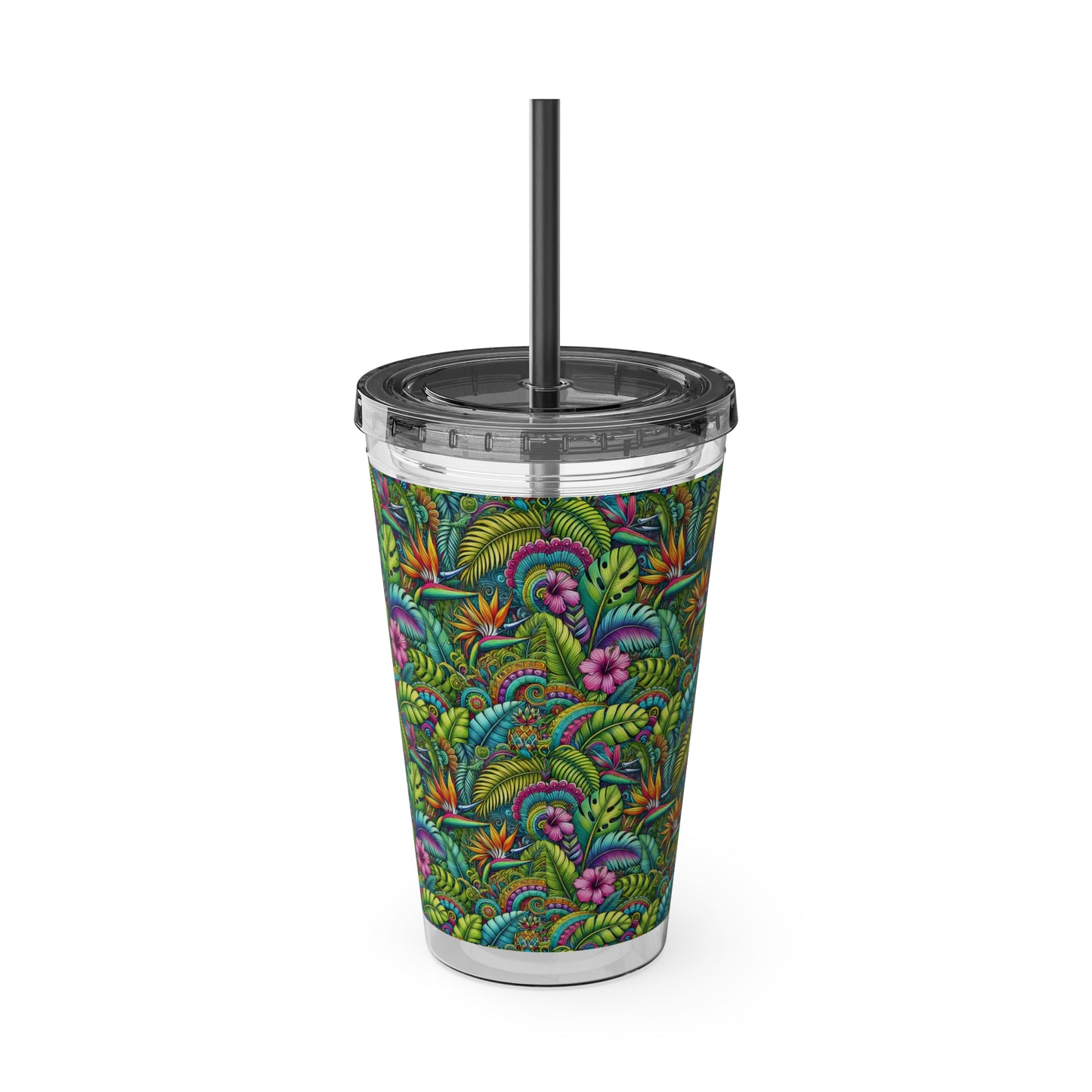 Tropical Tumbler with Straw | 16oz Colorful Travel Cup / Rainforest Blooms