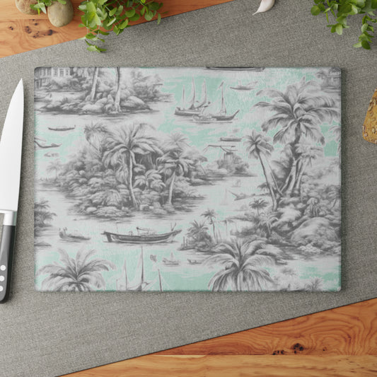 Glass Cutting Board, 2 sizes - Tropical Toile #1, soft black