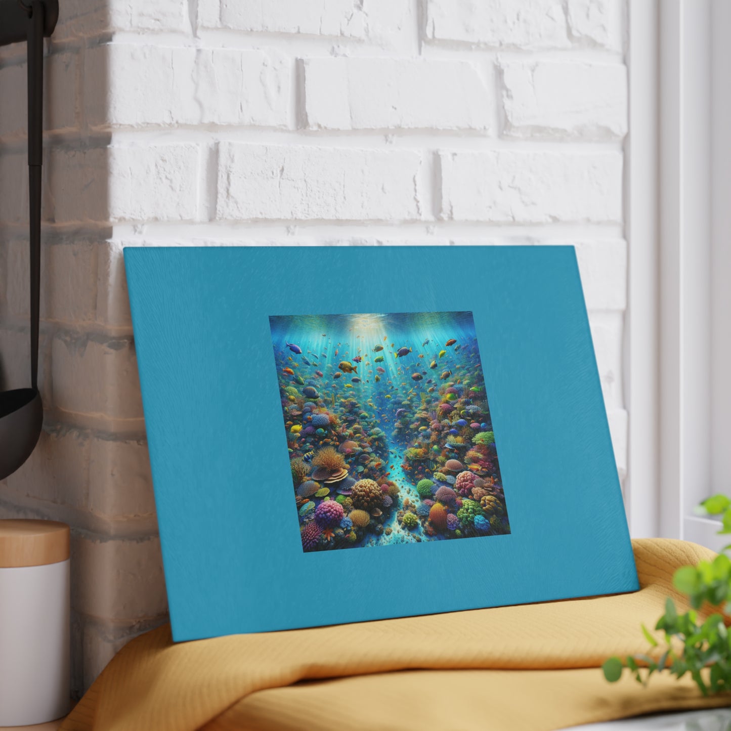 Glass Cutting Board, 2 sizes - Busy Coral Reef/Turquoise