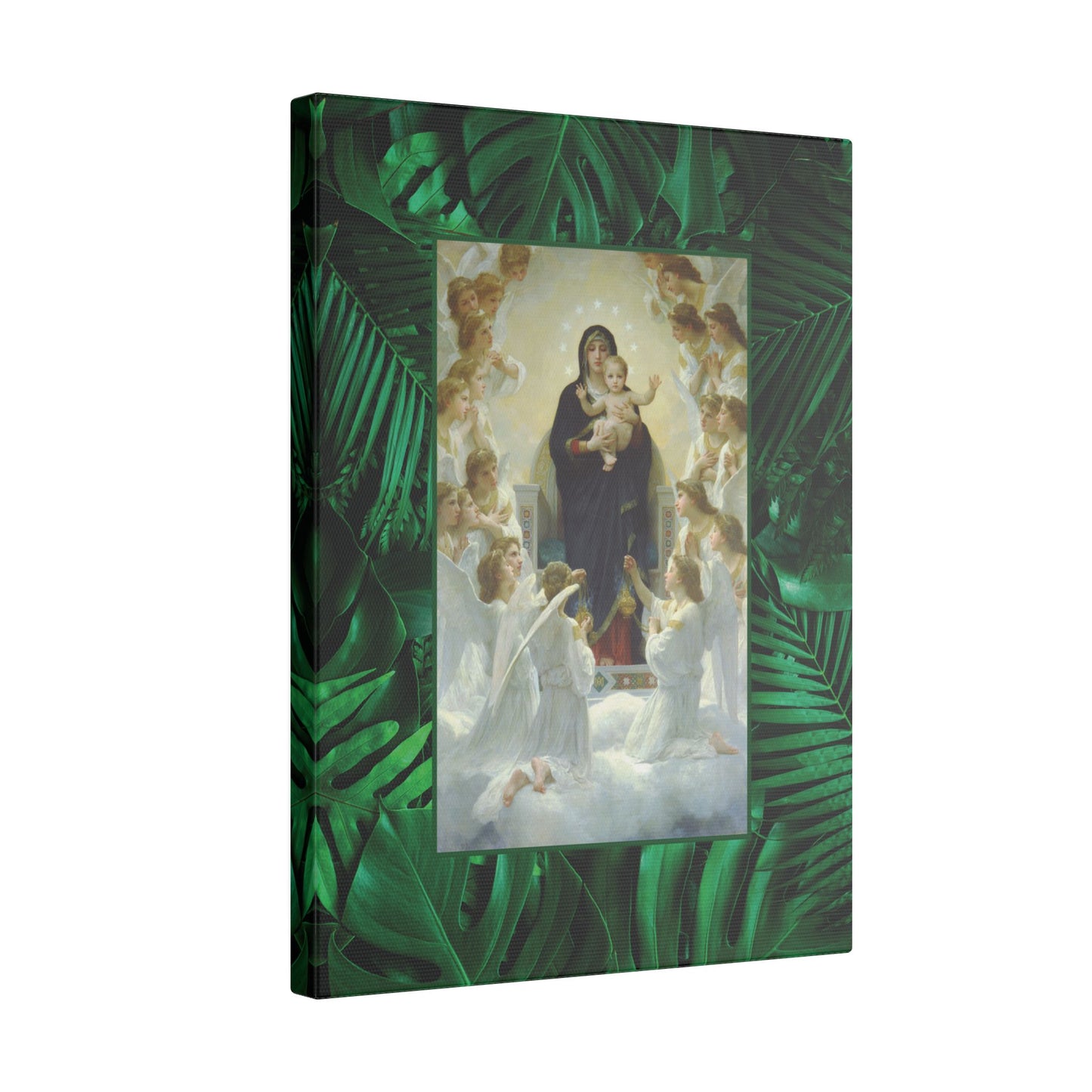 "Tropical Rainforest Our Lady With Angels" Religious Canvas Artwork - Stretched Canvas Print / Virgin Mary & Jesus