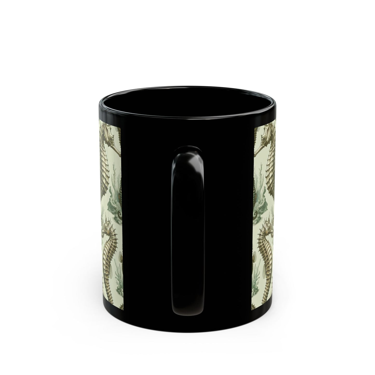 Black Coffee Mug - Green Toile Seahorses