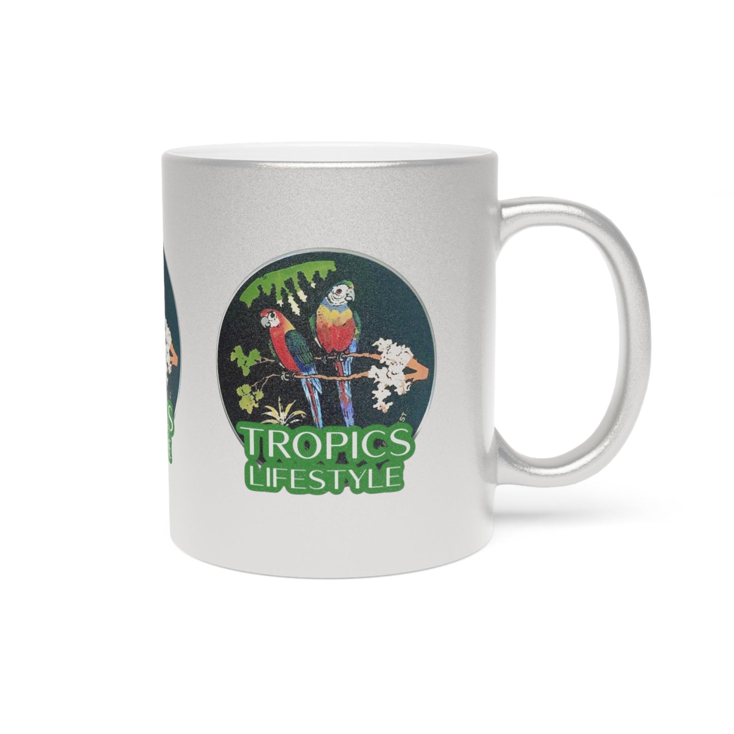 Colorful Tropical Metallic Mug, Gold or Silver - Two Brazilian Parrots